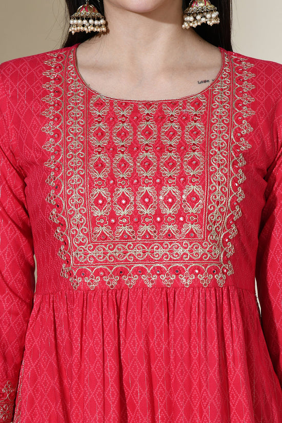 Magenta Yoke Mirror Work Embroidered Straight Kurta Set