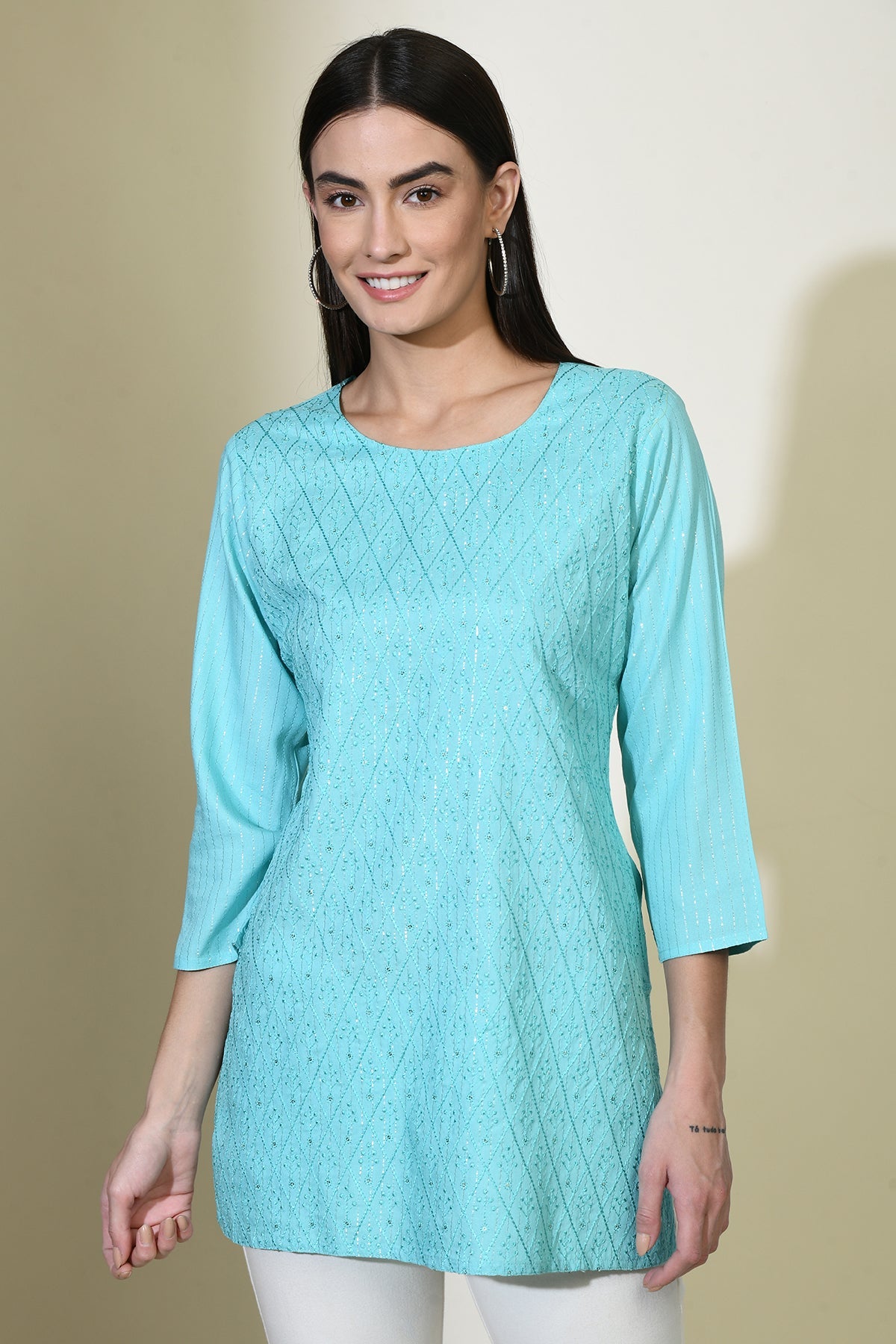 Blue Solid Embroidered Top