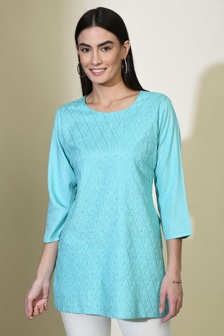 Blue Solid Embroidered Top