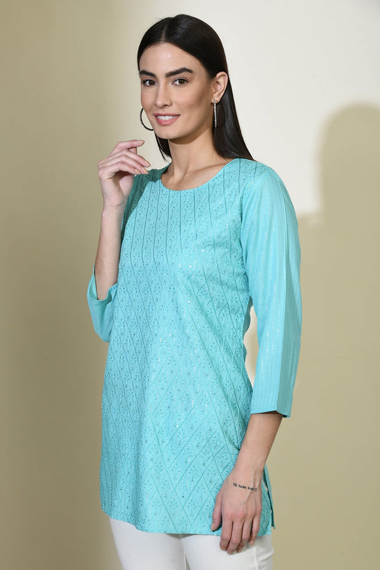 Blue Solid Embroidered Top