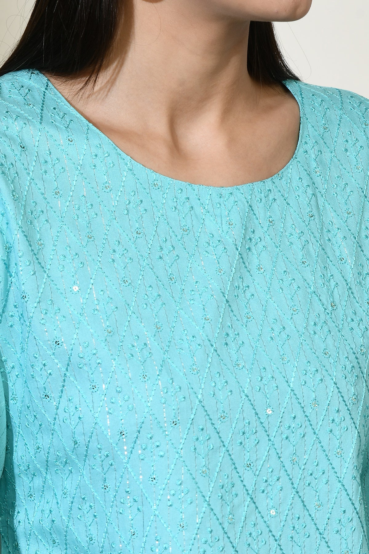 Blue Solid Embroidered Top