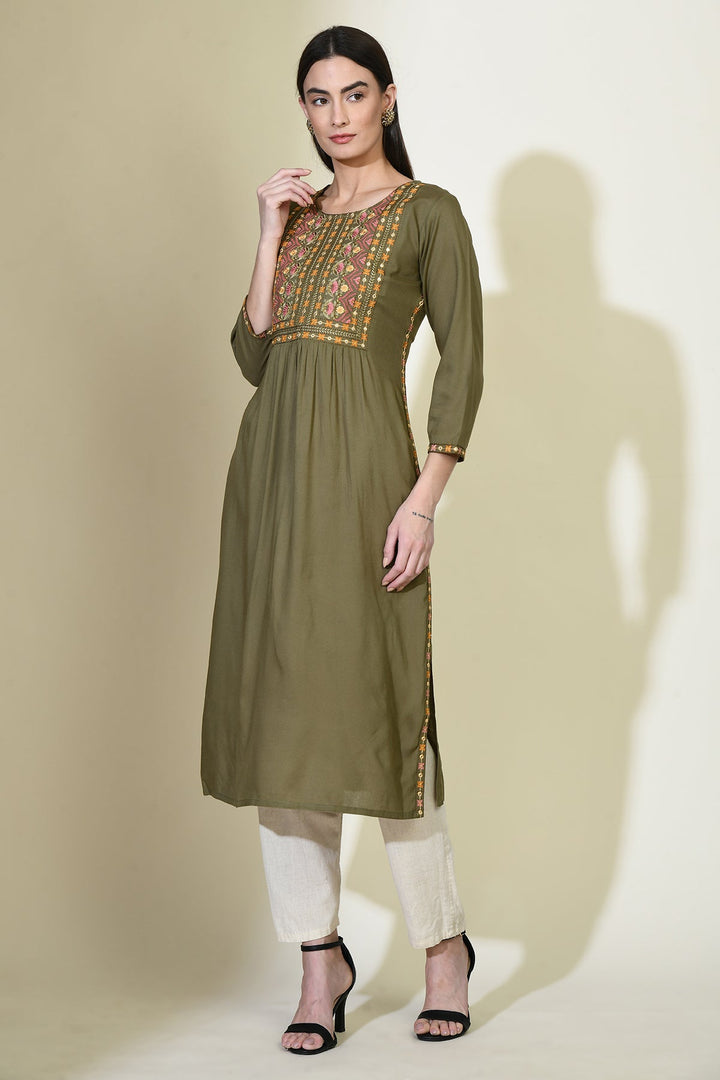 Green Yoke Embroidered Straight Kurta