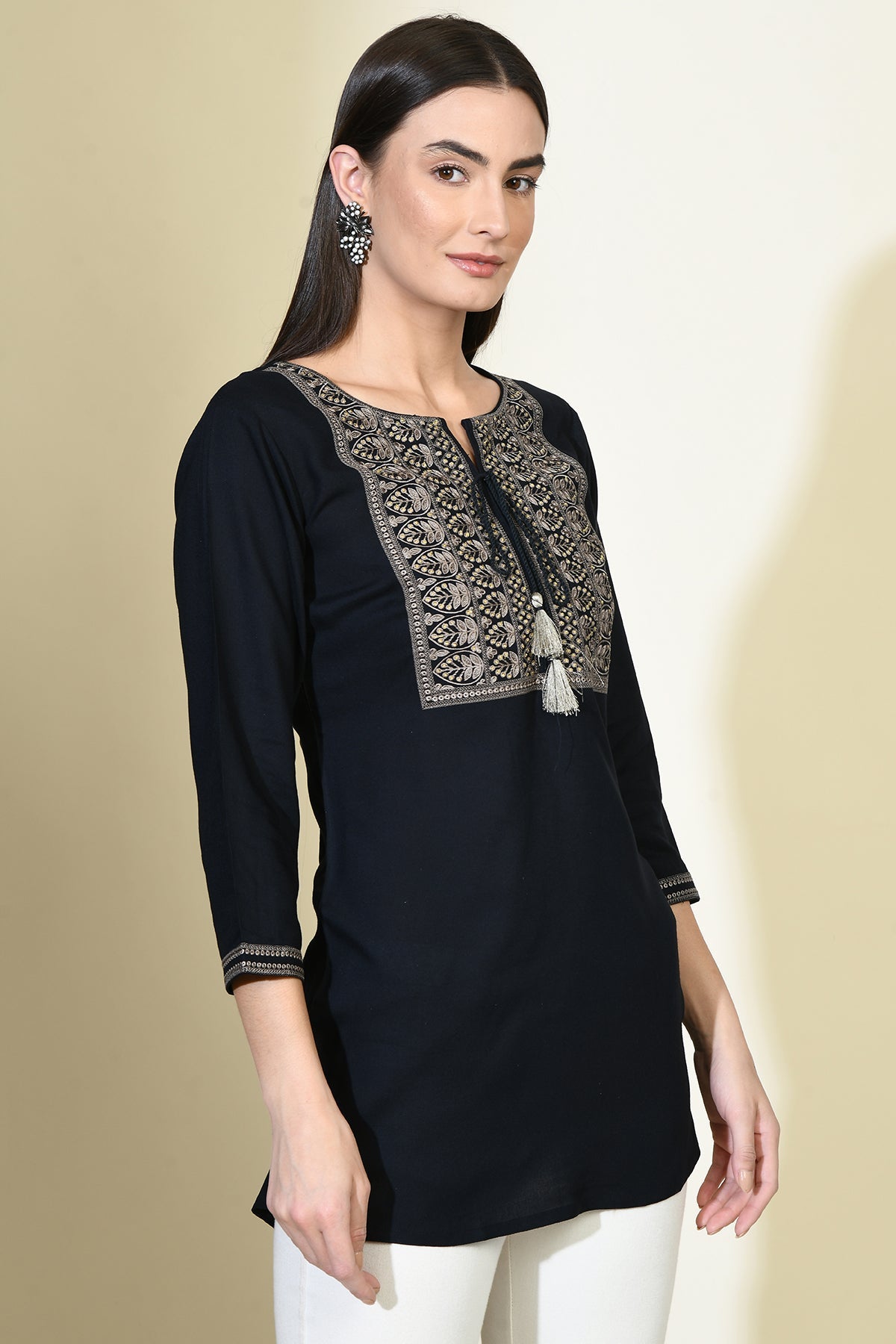 Dark Blue Solid Yoke Embroidered Straight Top