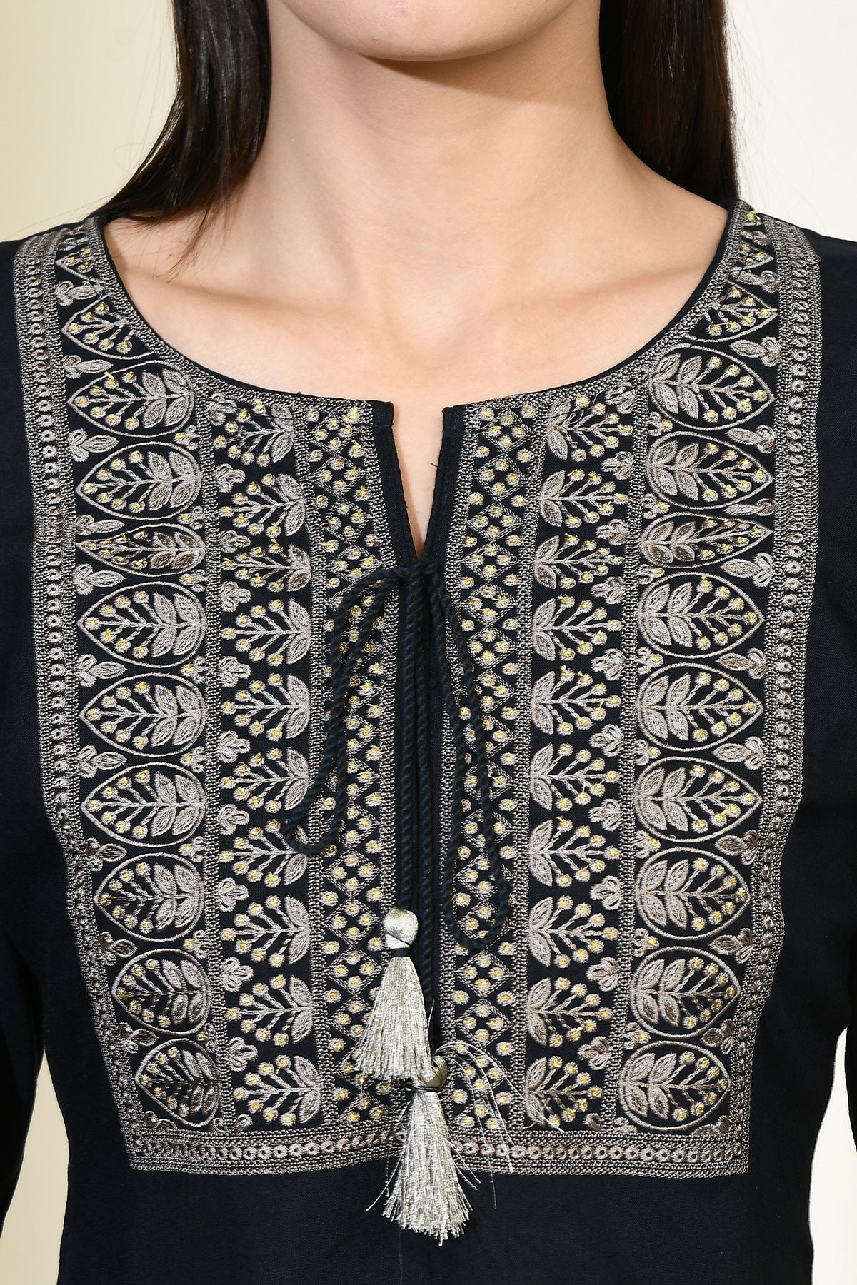 Dark Blue Solid Yoke Embroidered Straight Top