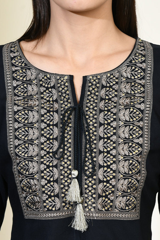 Dark Blue Solid Yoke Embroidered Straight Top
