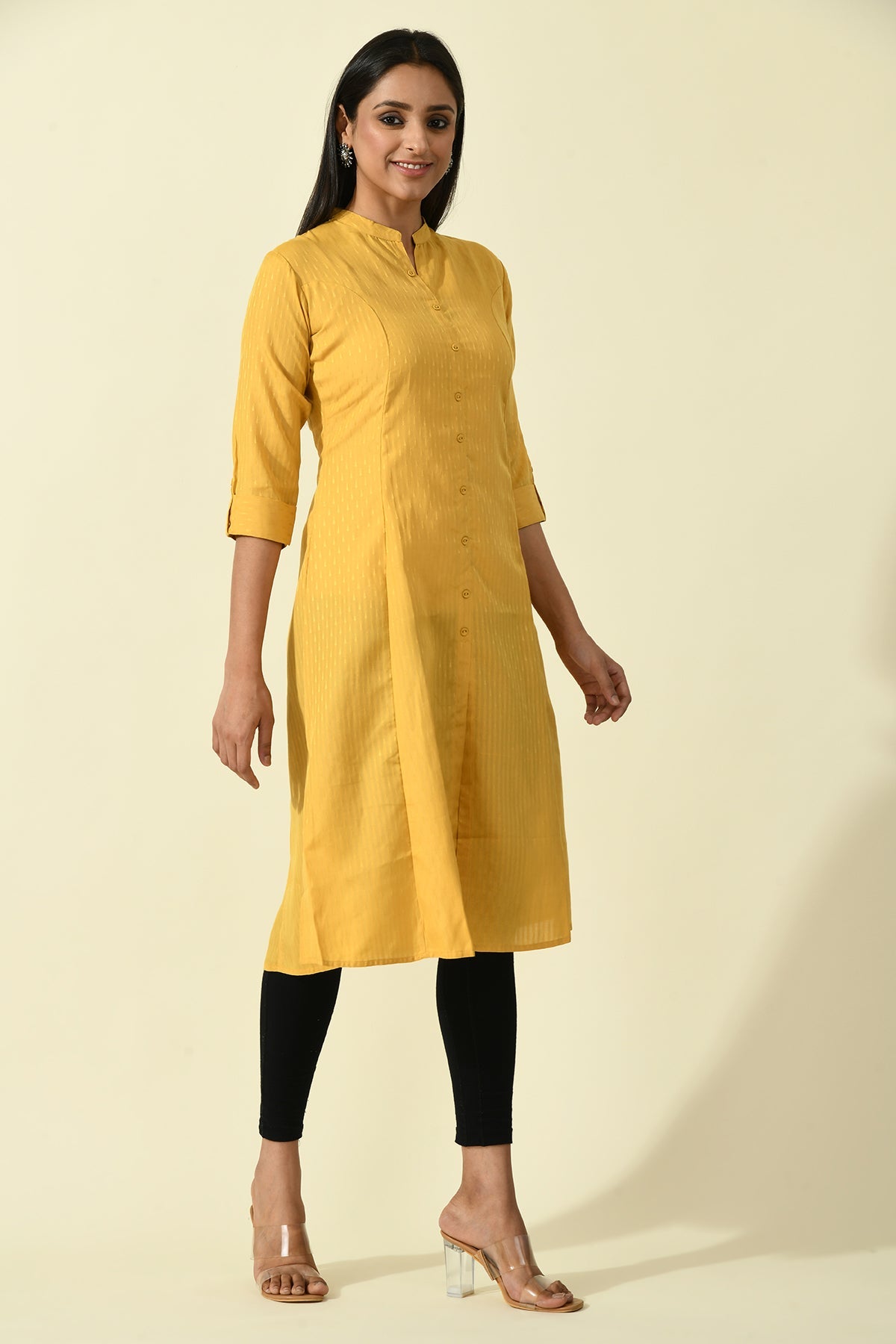 Mustard Solid Self Design Kurta