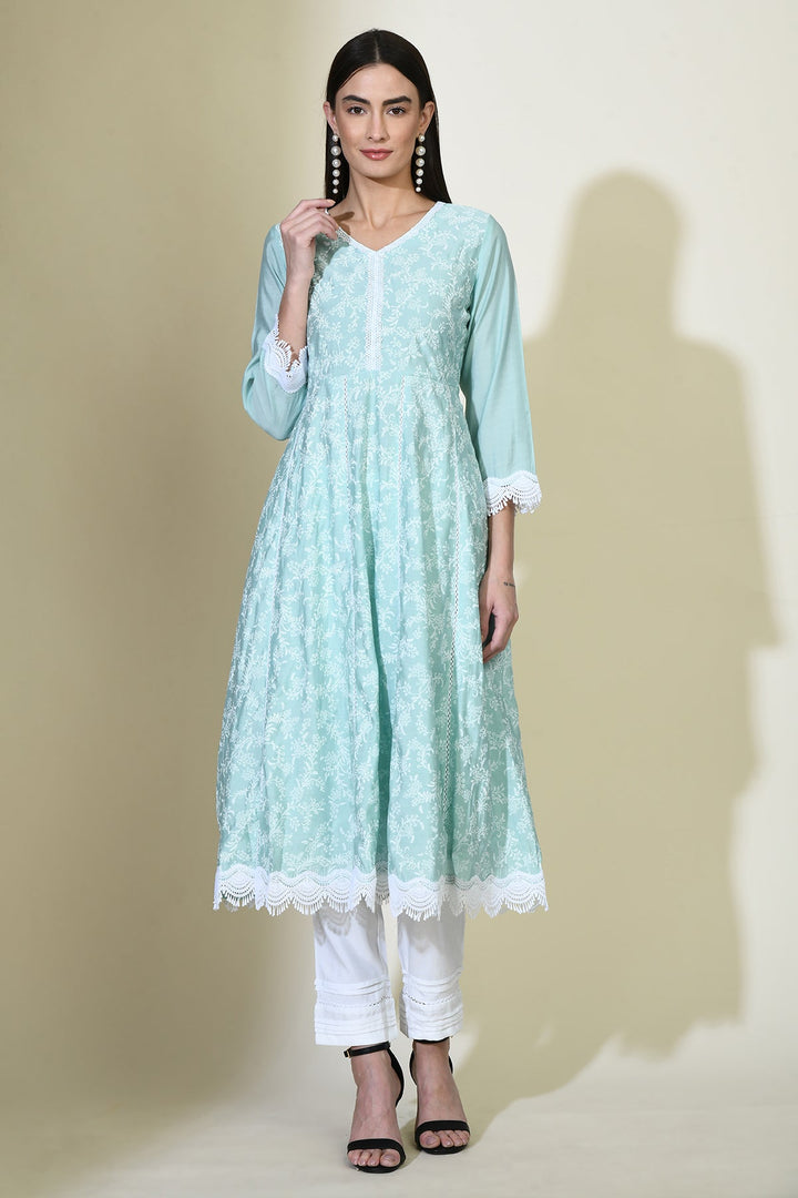 Green Printed Flared lace work Kurta Set