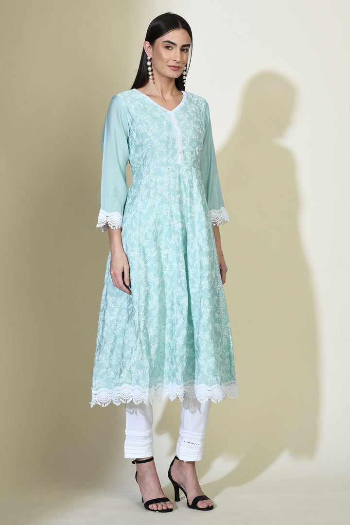 Green Printed Flared lace work Kurta Set