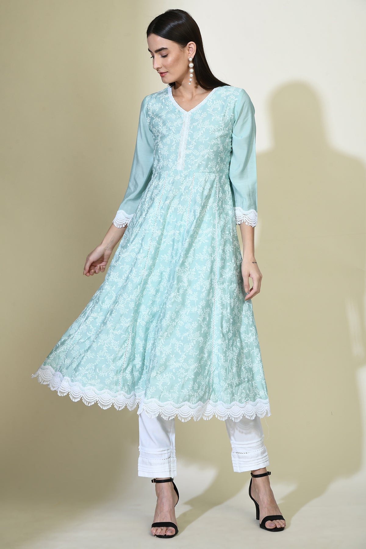 Green Printed Flared lace work Kurta Set