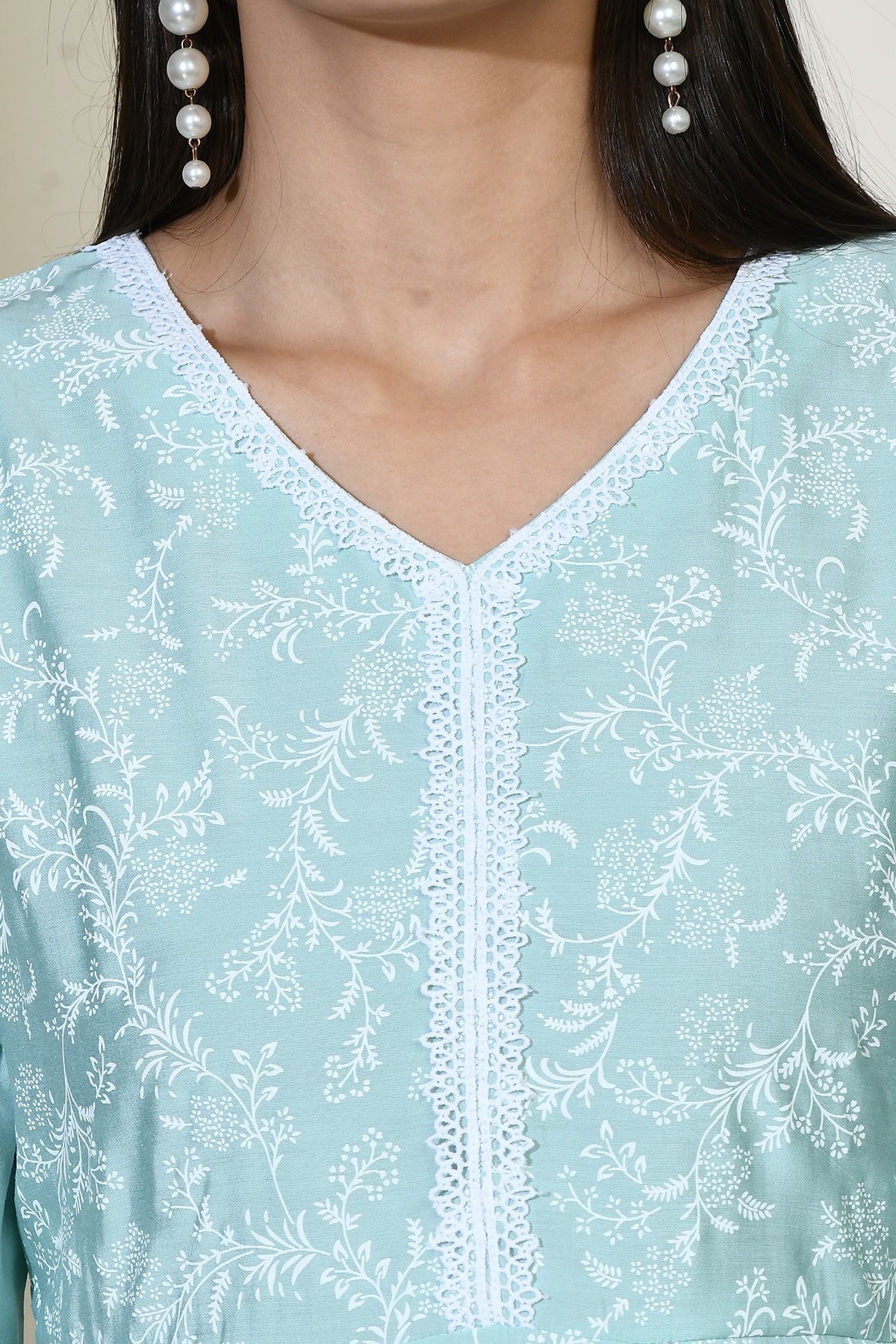 Green Printed Flared lace work Kurta Set
