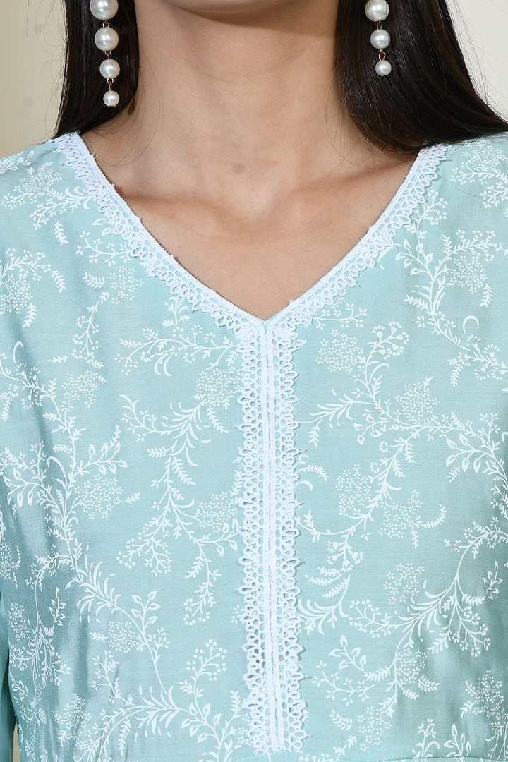 Green Printed Flared lace work Kurta Set