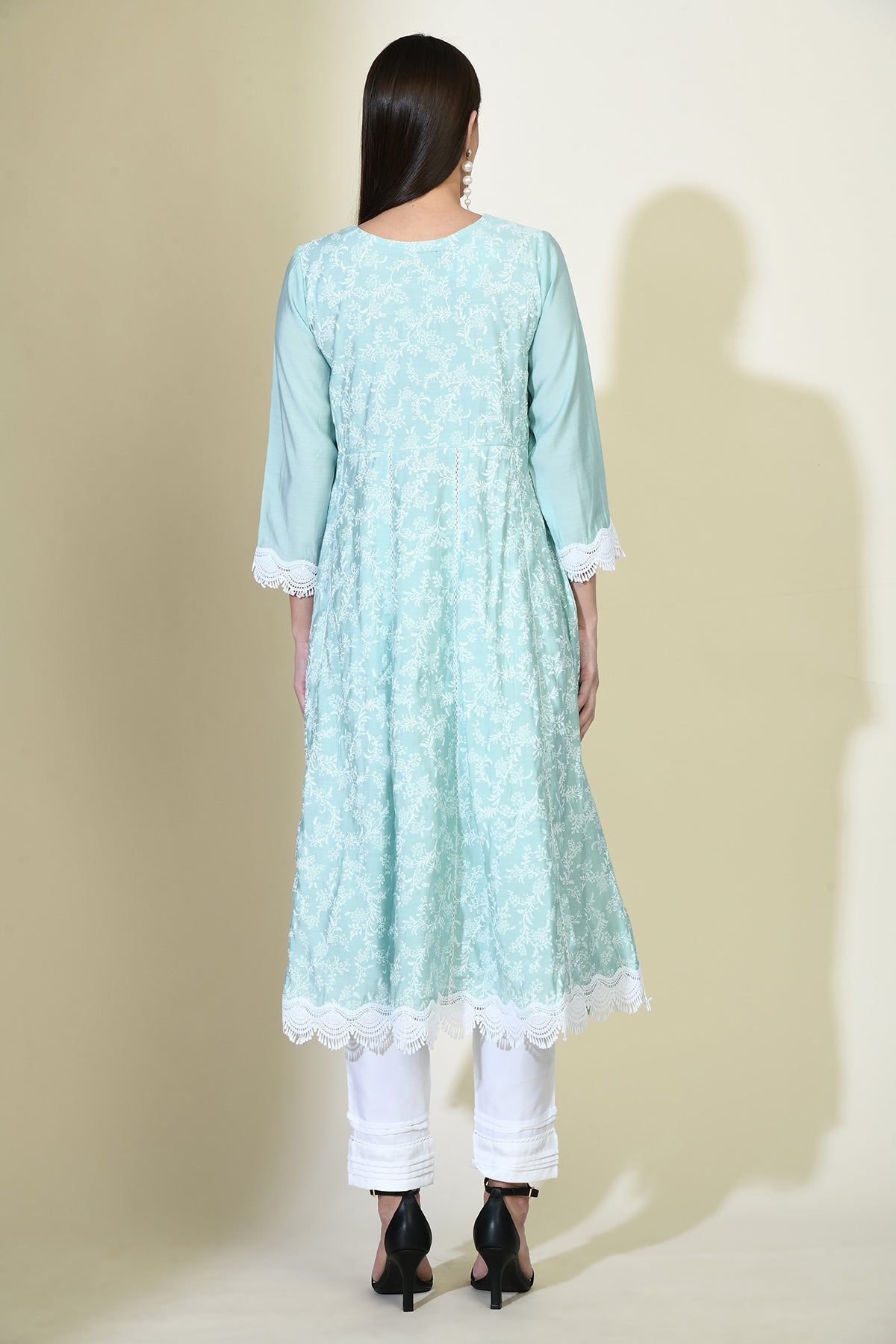 Green Printed Flared lace work Kurta Set