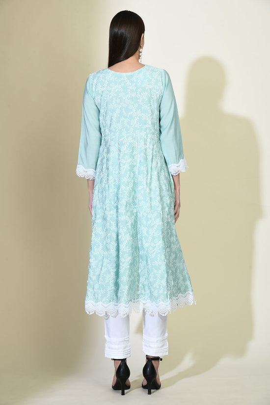 Green Printed Flared lace work Kurta Set
