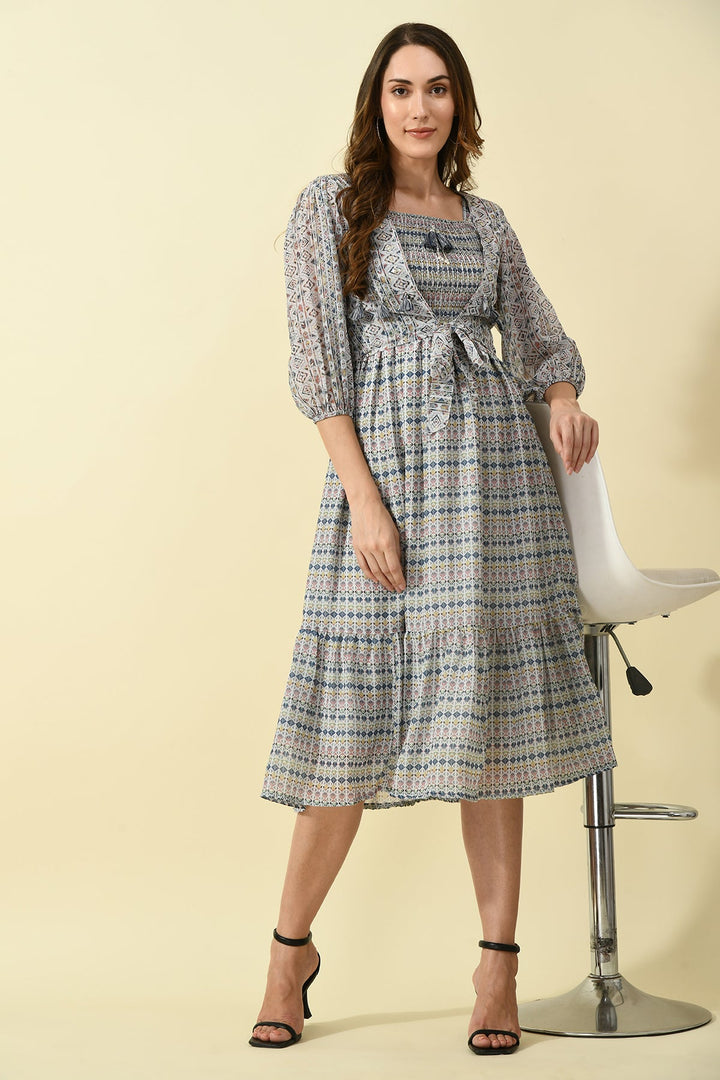 Multi Printed Midi Dress with Printed and Jacket