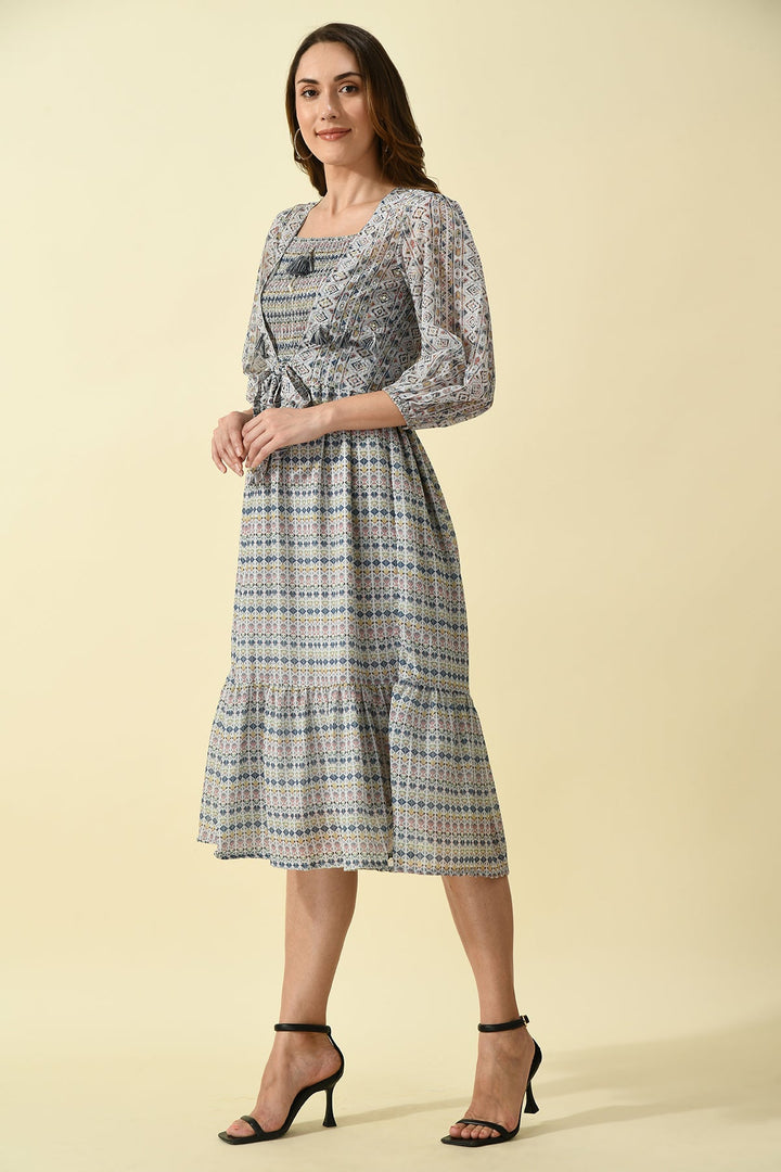 Multi Printed Midi Dress with Printed and Jacket