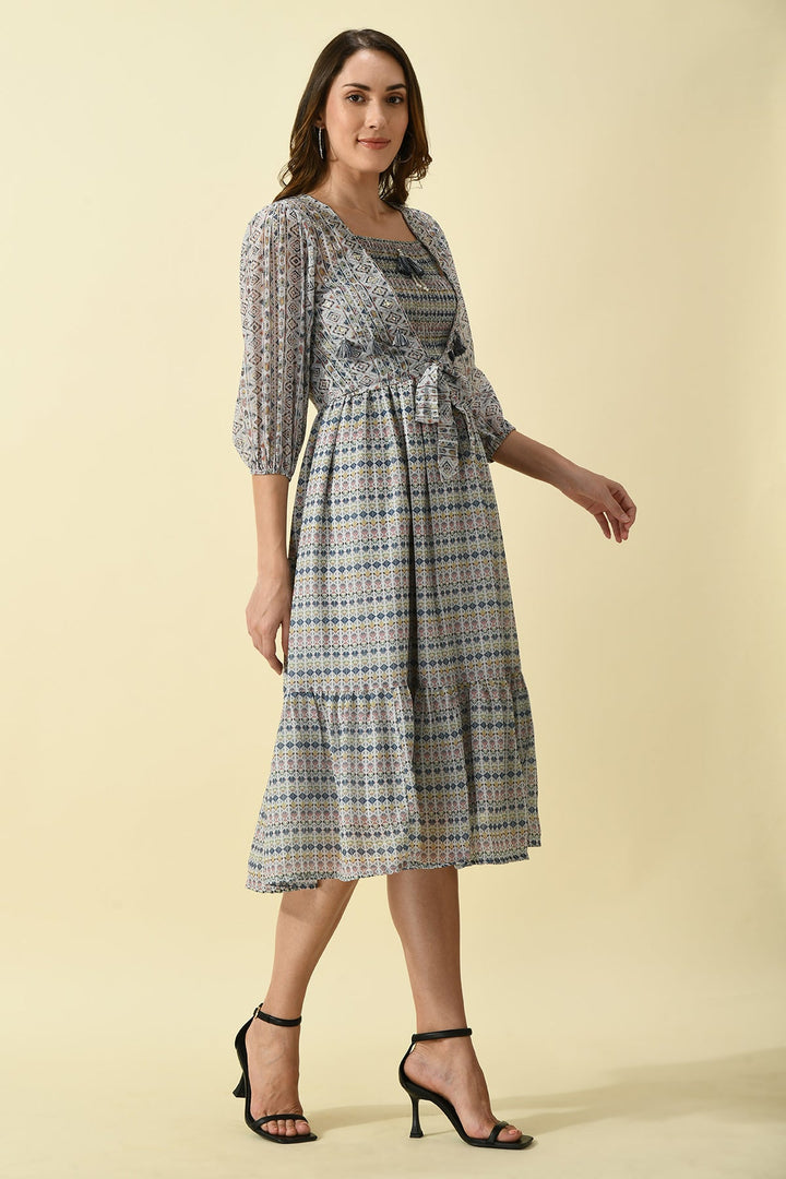 Multi Printed Midi Dress with Printed and Jacket