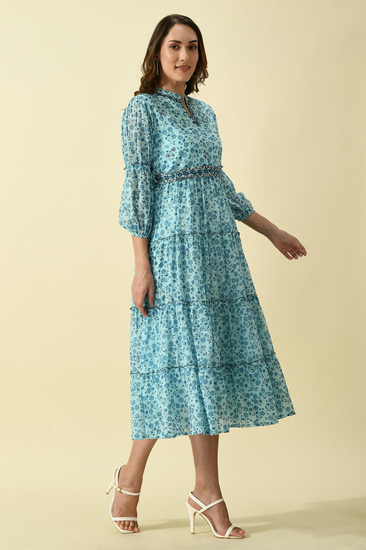 Blue Printed Flared Dress