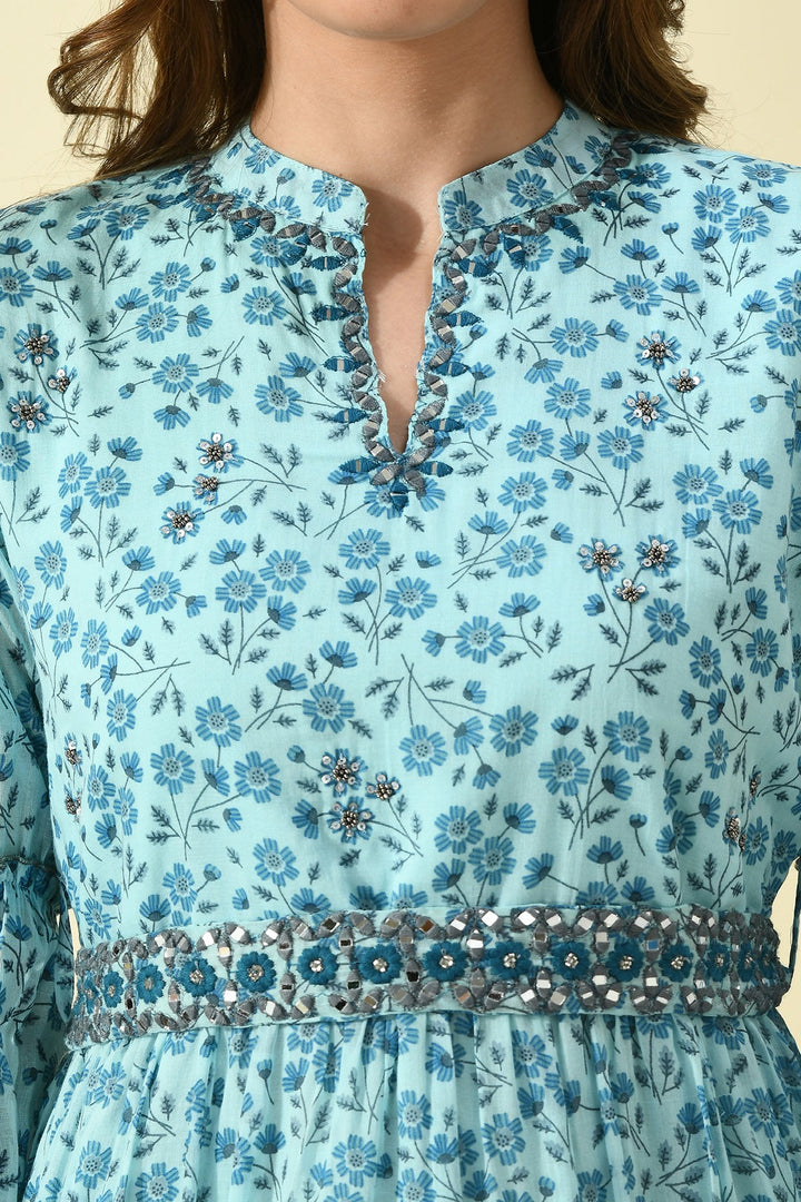 Blue Printed Flared Dress