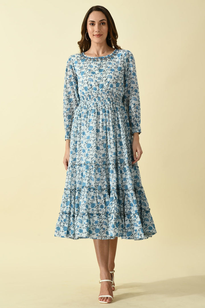 White Blue Printed Dress