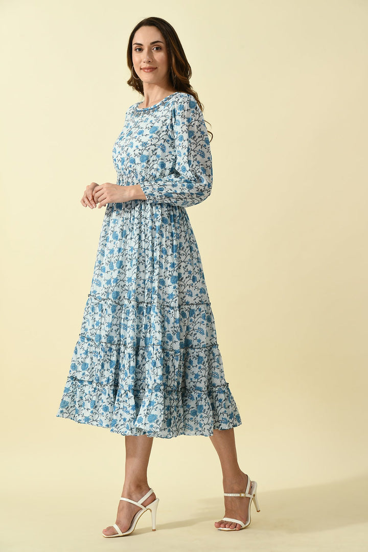 White Blue Printed Dress
