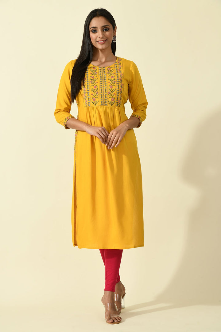 Mustard Yoke Embroidered Solid Straight Kurta
