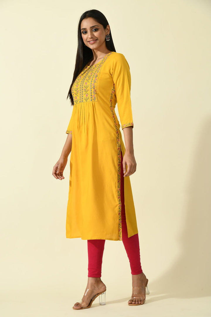Mustard Yoke Embroidered Solid Straight Kurta