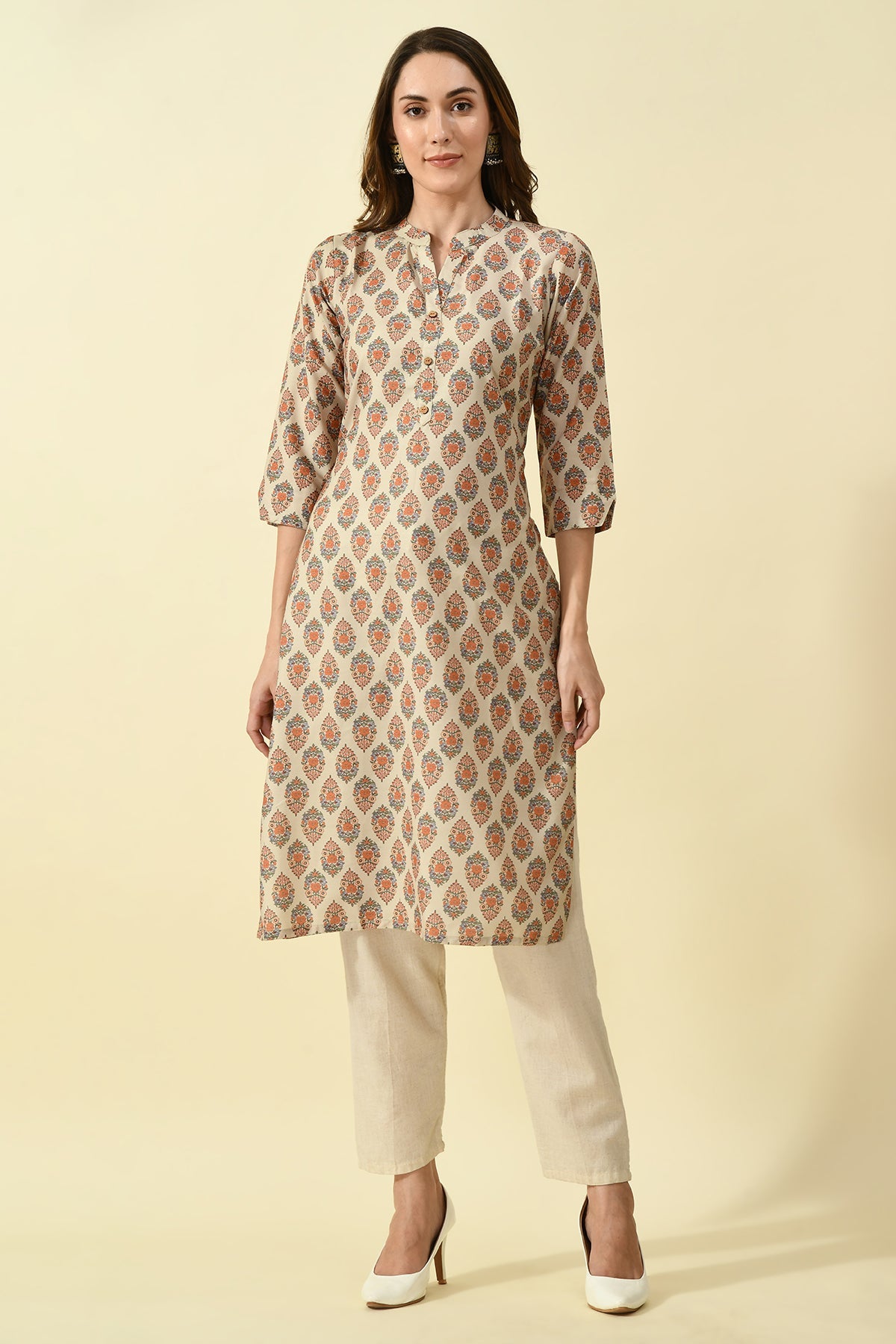 Beige Printed Kurta