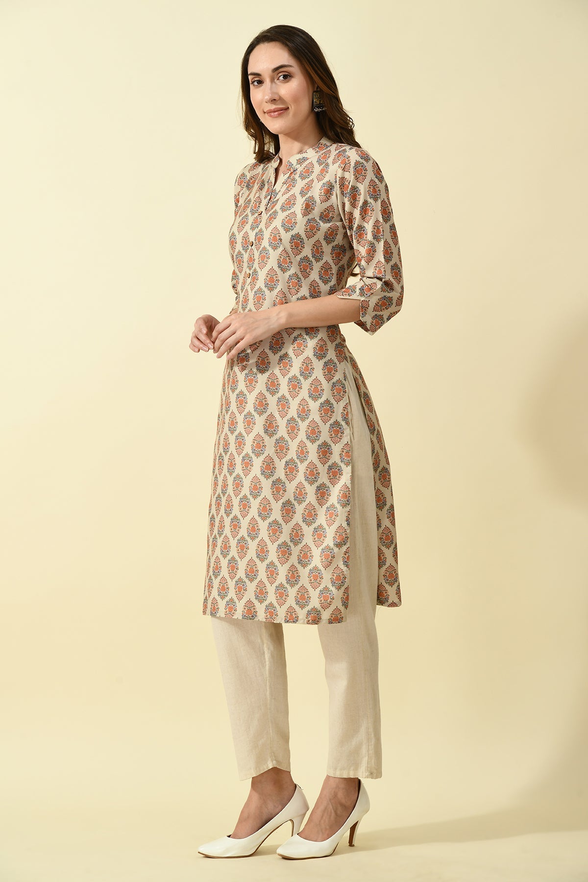 Beige Printed Kurta