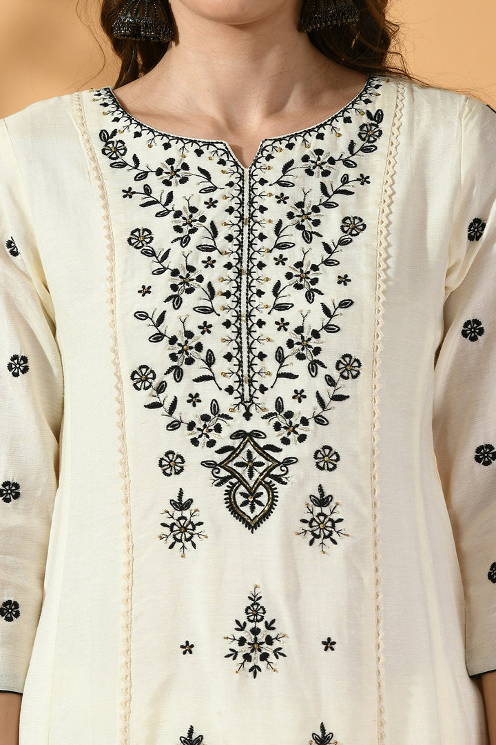 Cream Embroidered Solid Kurta Set
