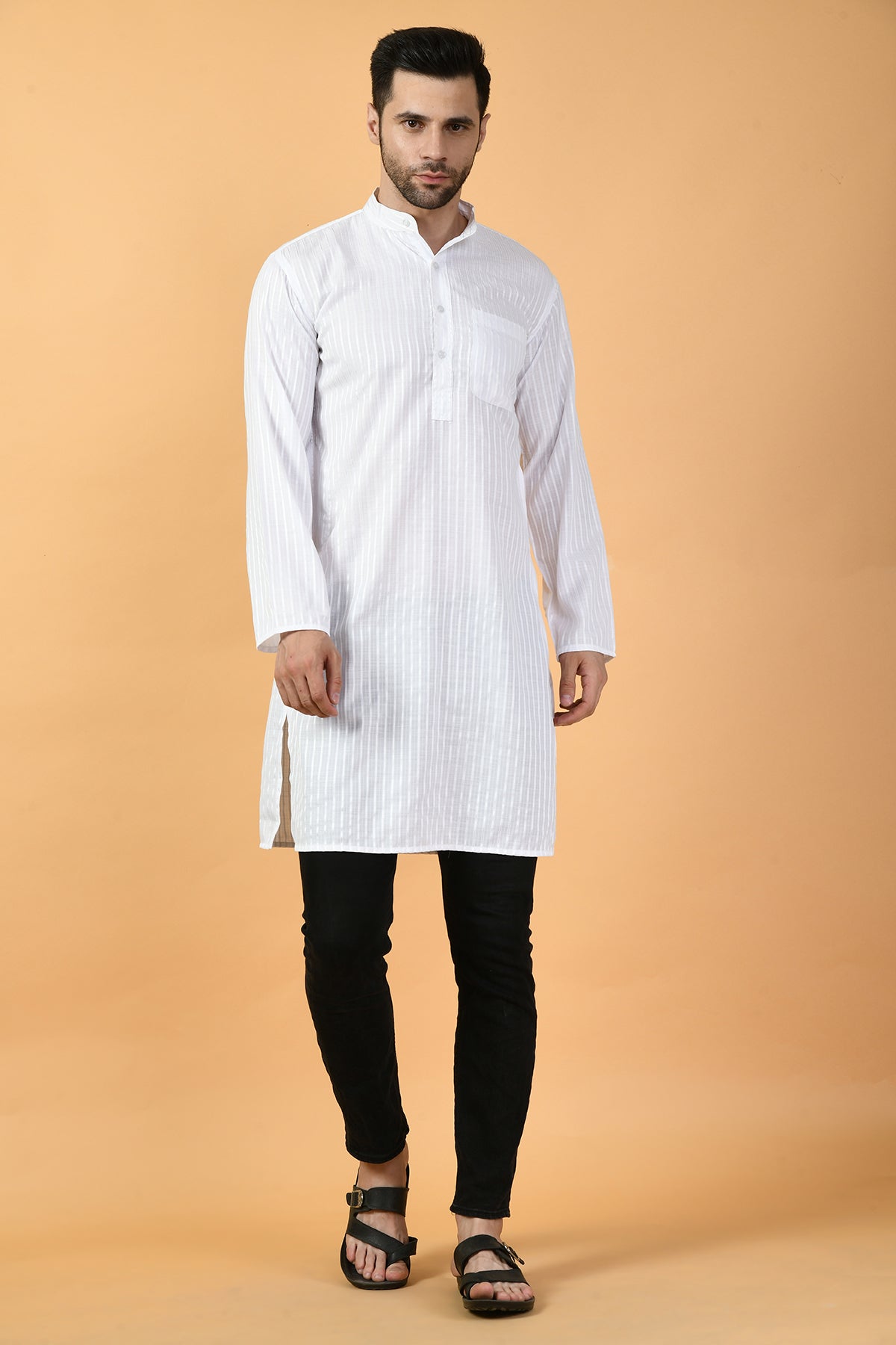 White Solid Check Print Kurta
