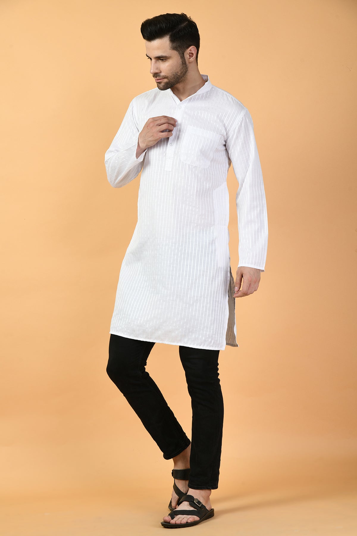 White Solid Check Print Kurta