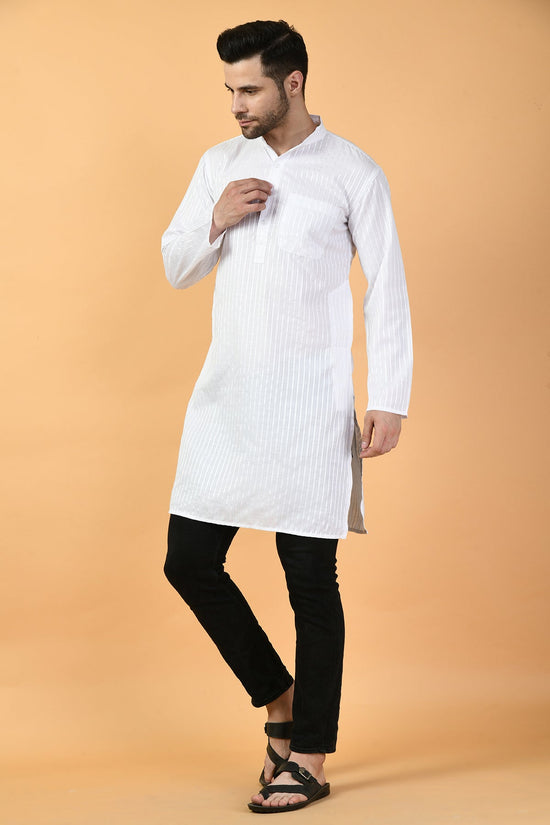 White Solid Check Print Kurta
