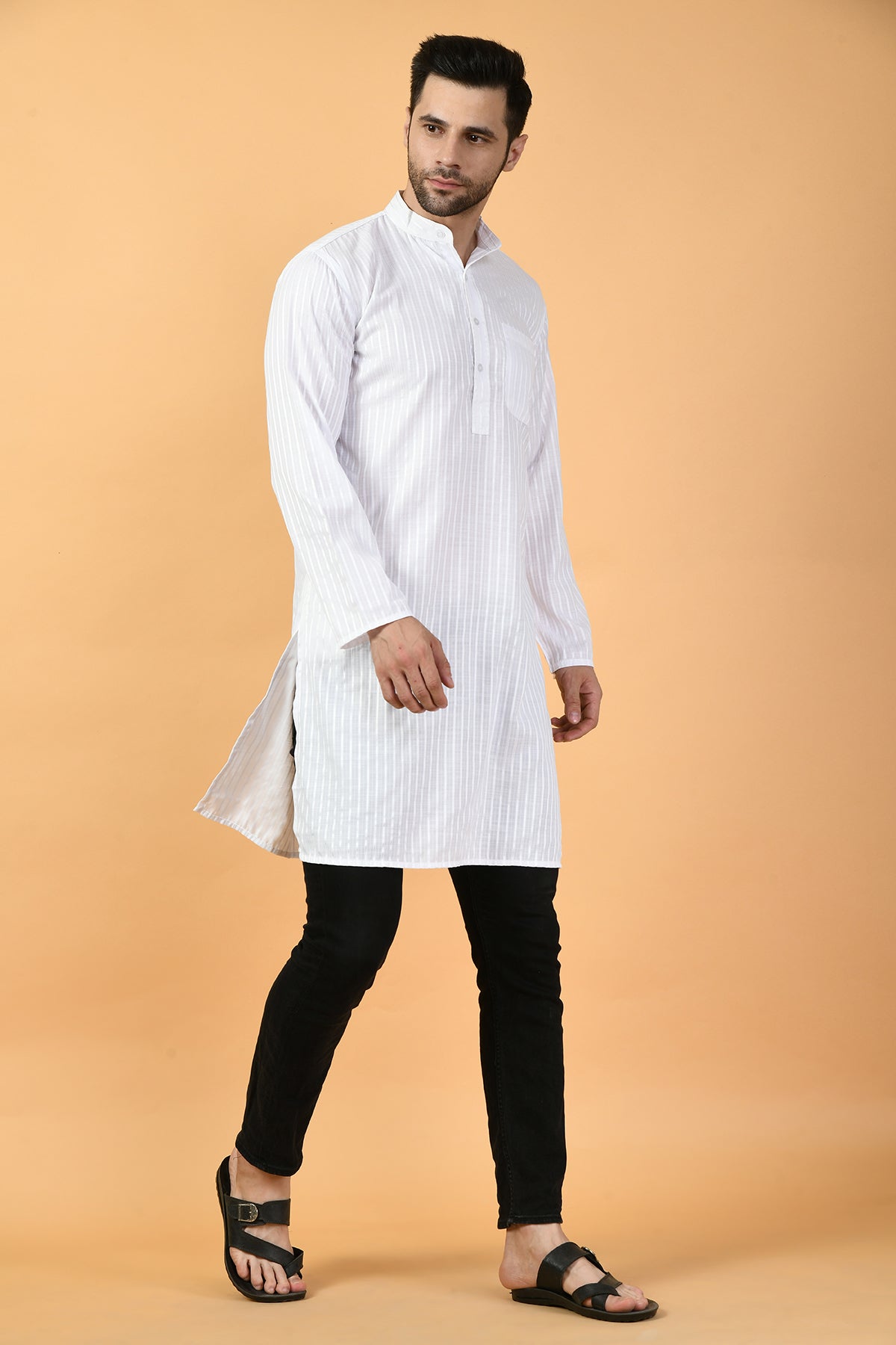 White Solid Check Print Kurta
