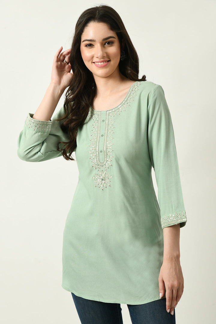 Green Yoke Embroidered Solid Straight Top