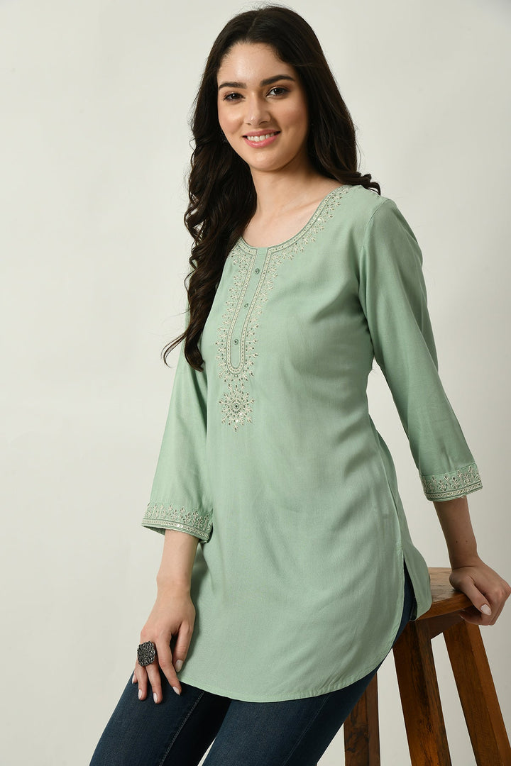Green Yoke Embroidered Solid Straight Top