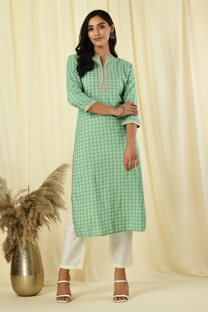 Green Embroidered Printed Kurta