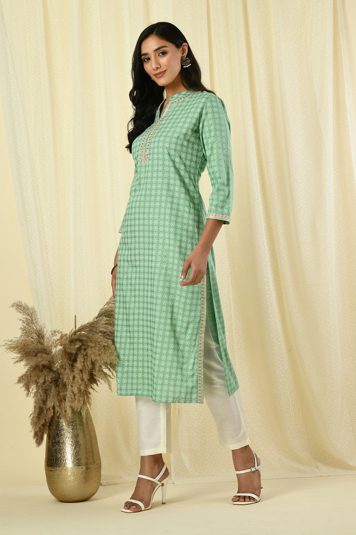 Green Embroidered Printed Kurta