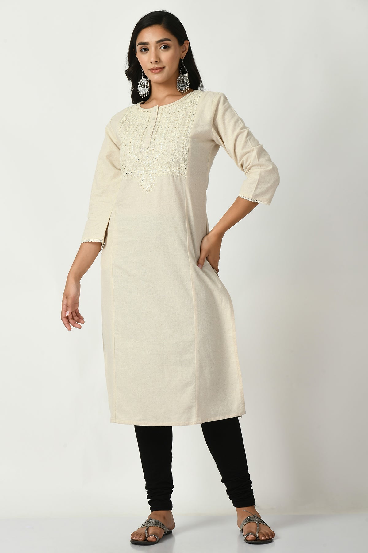 Off White Yoke Embroidered Kurta