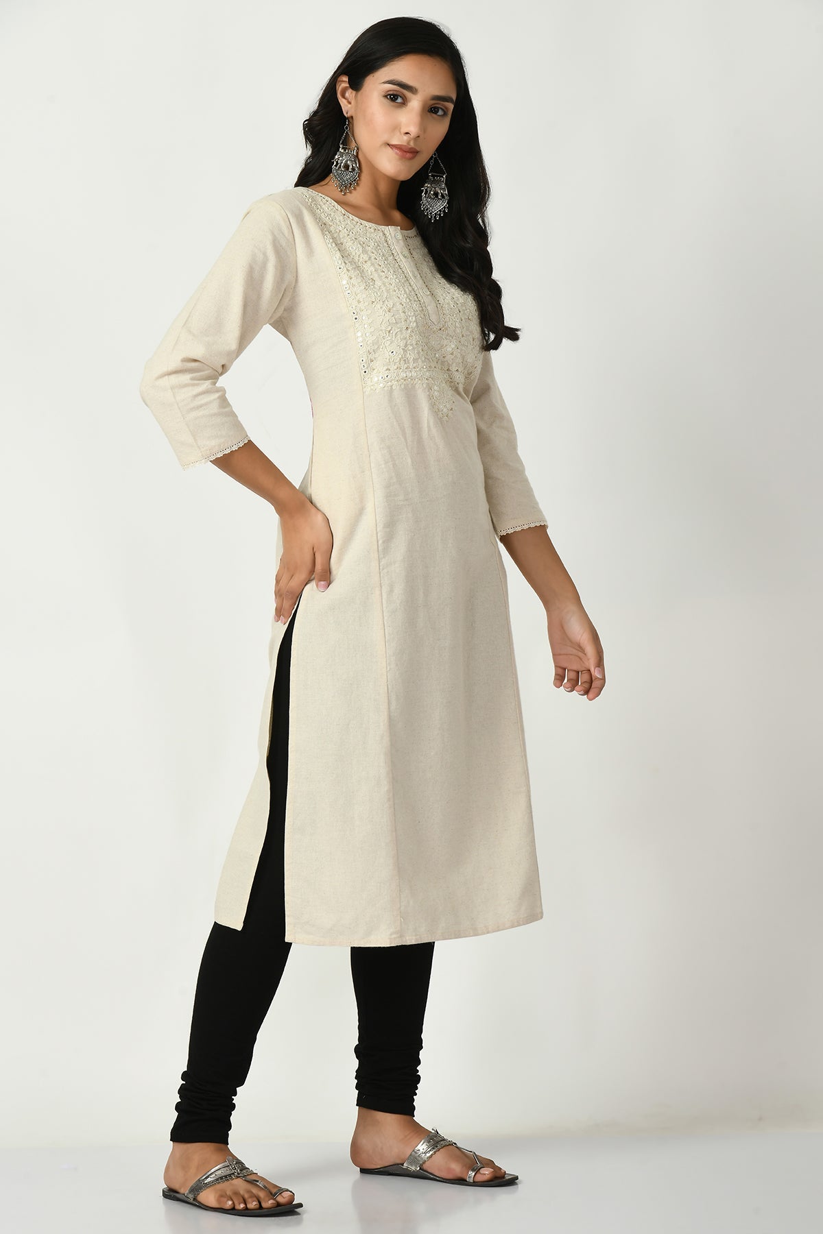Off White Yoke Embroidered Kurta