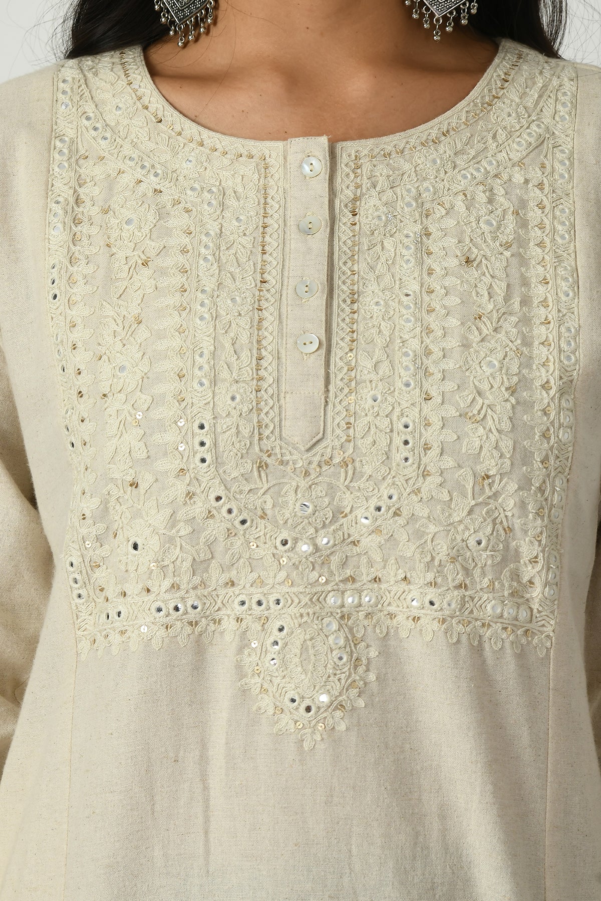 Off White Yoke Embroidered Kurta