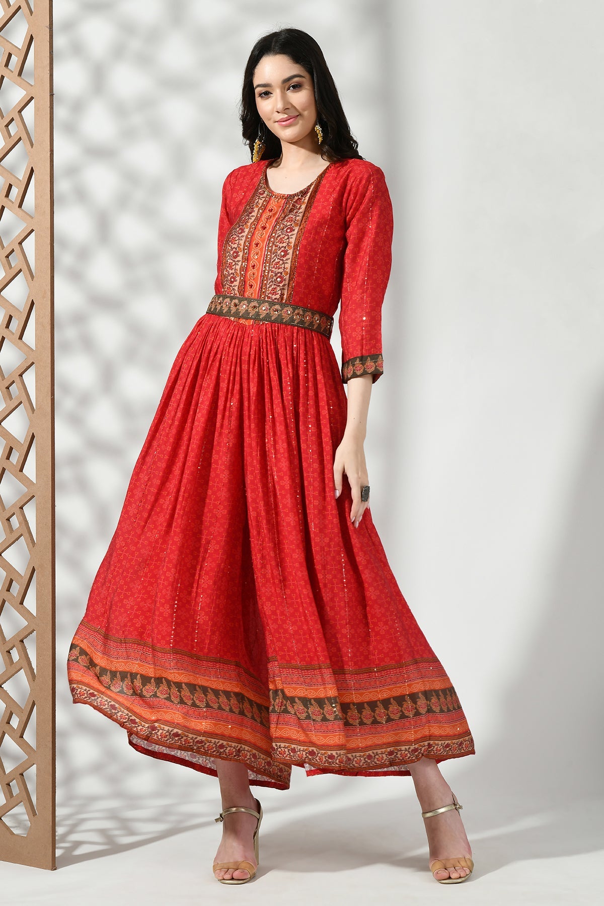 Red Yoke Stone Work Printed and Gathered Jumpsuit