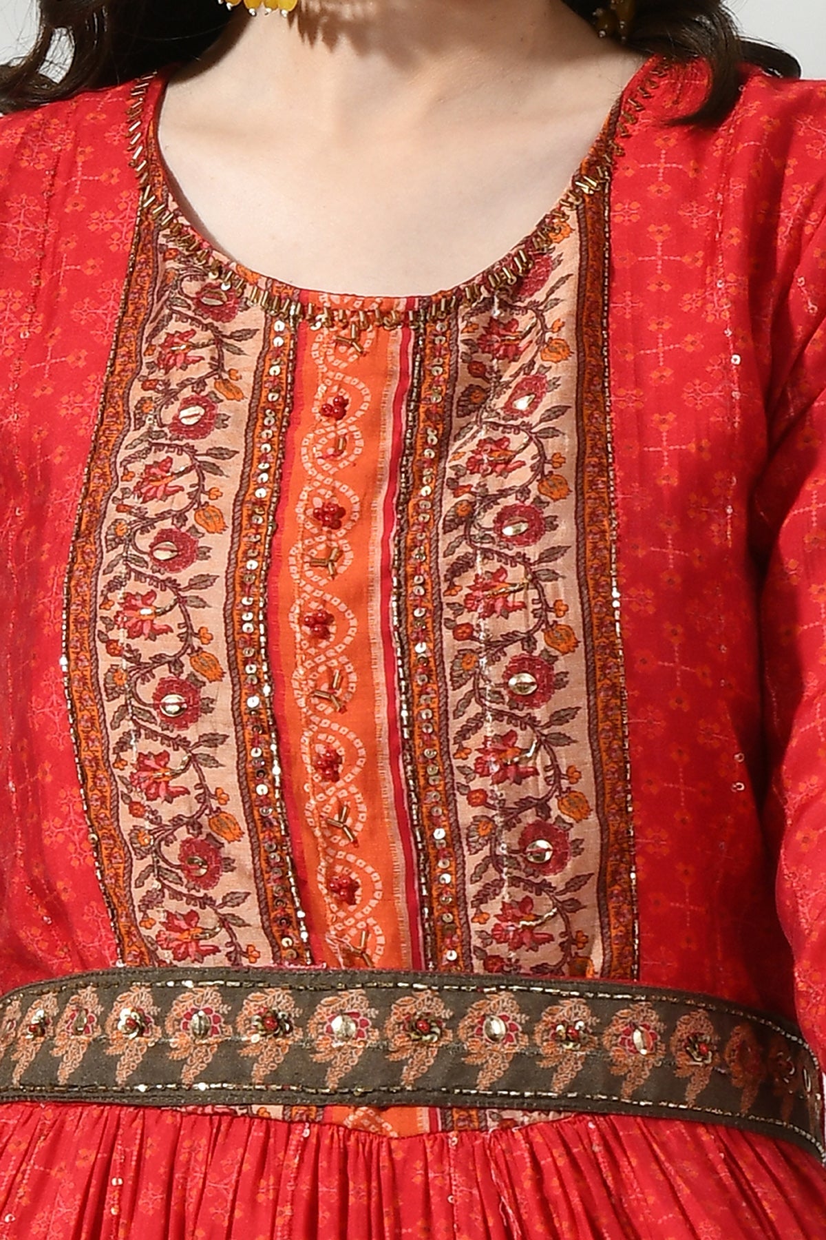 Red Yoke Stone Work Printed and Gathered Jumpsuit