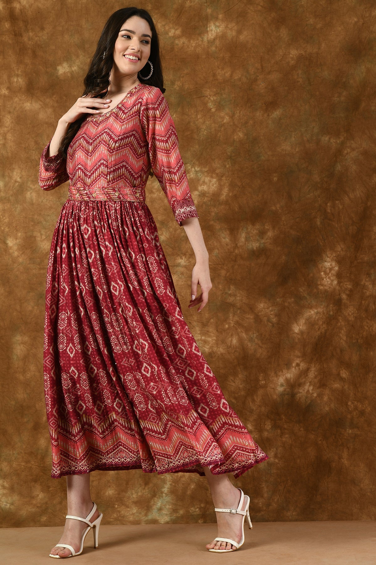 Pink Neck Stone Work Printed and Gather Jumpsuit