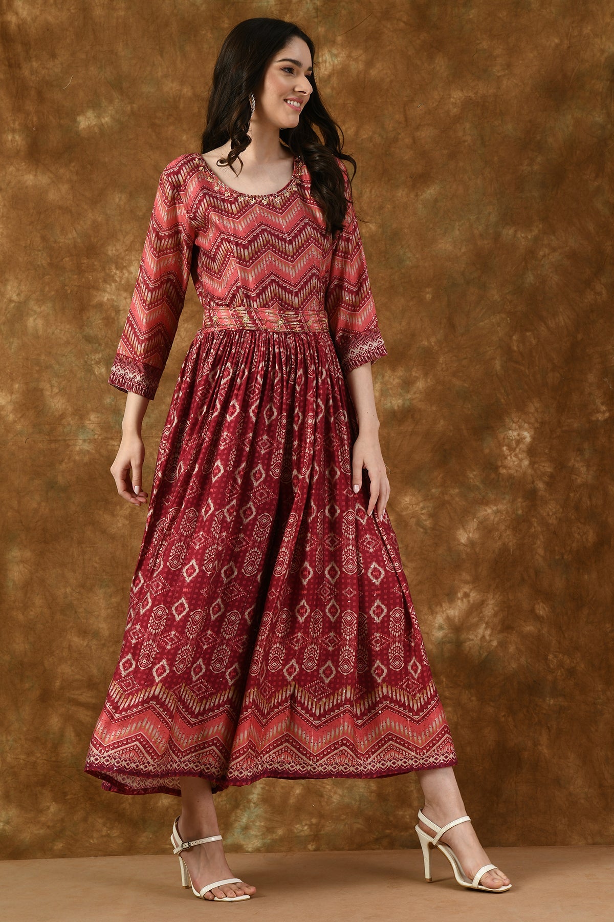 Pink Neck Stone Work Printed and Gather Jumpsuit