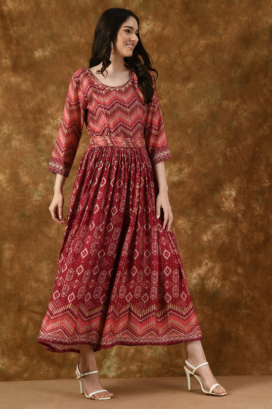 Pink Neck Stone Work Printed and Gather Jumpsuit