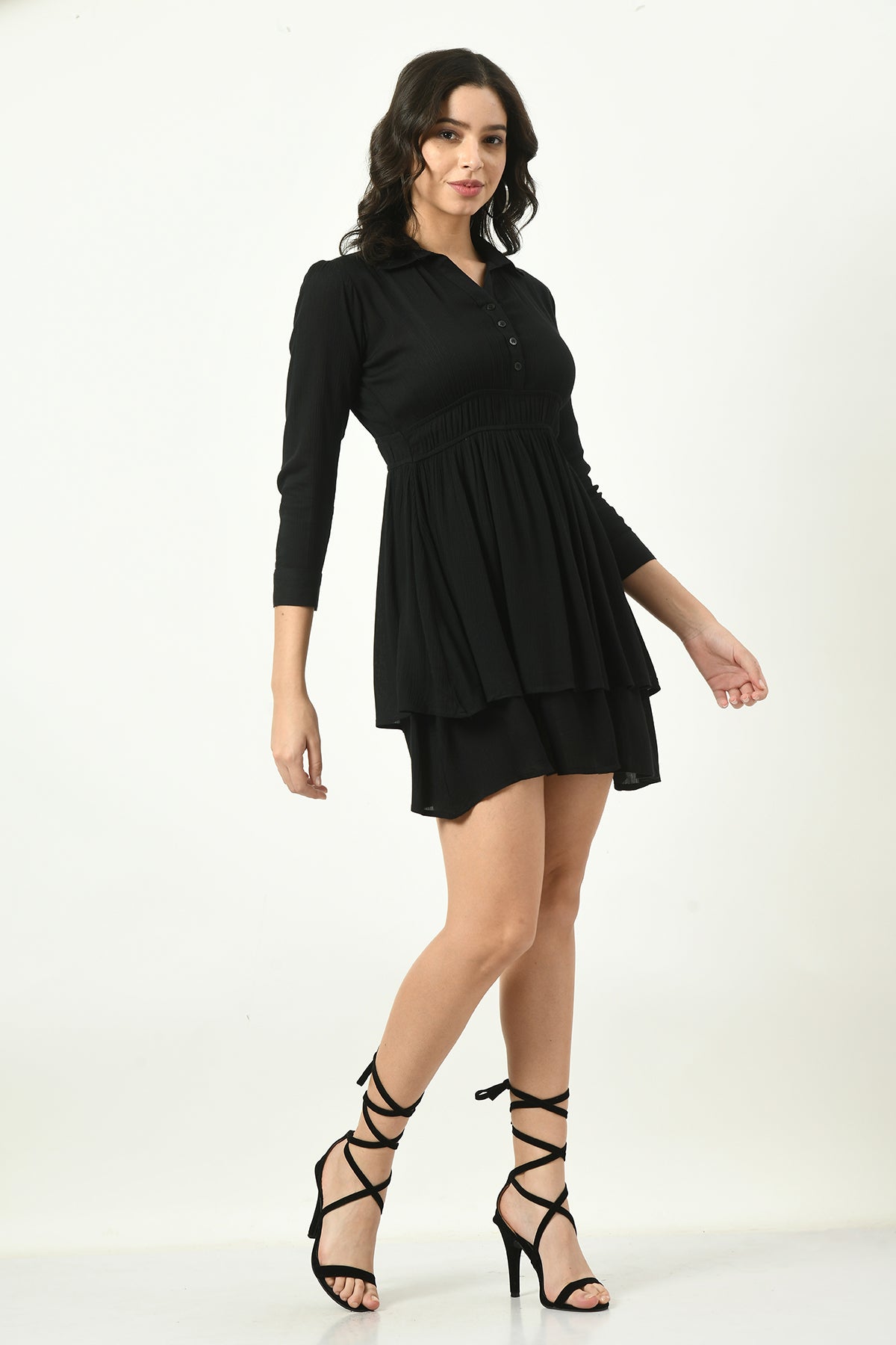 Black Solid Cinched Waist Dress
