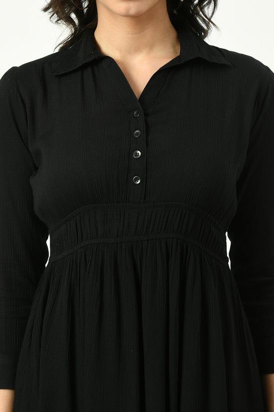 Black Solid Cinched Waist Dress