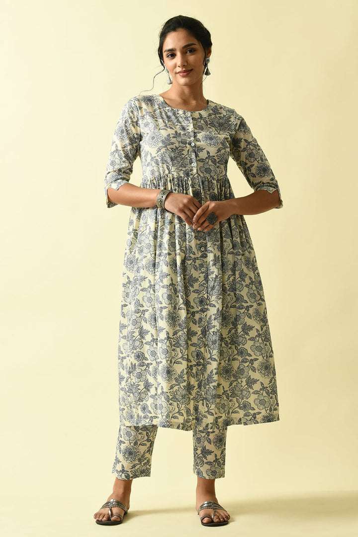 Cream Printed Kurta Set