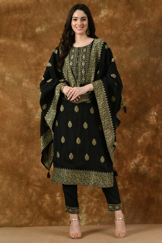 Black Embroidered Straight Kurta Set