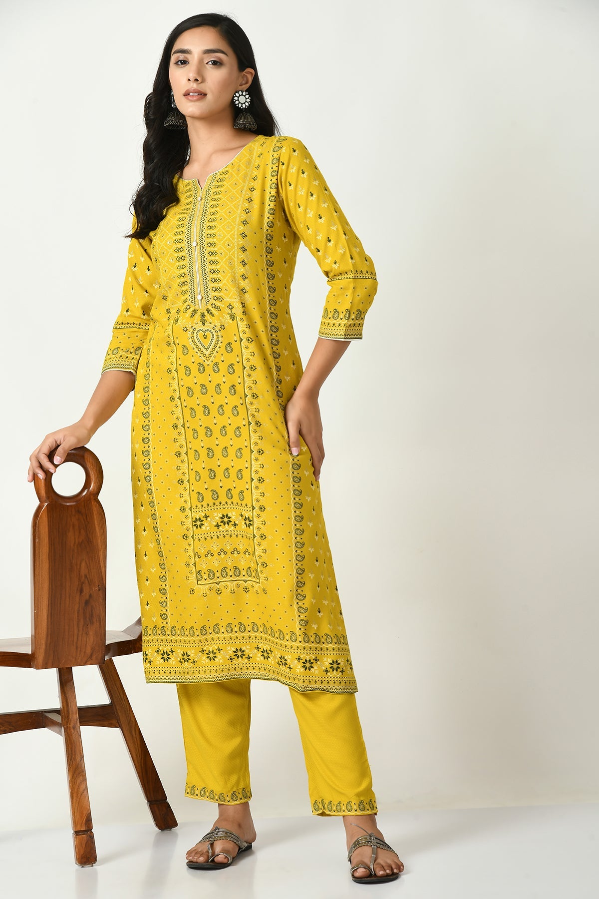Mustard Yoke Stone Work Printed Kurta 2 Pcs Set